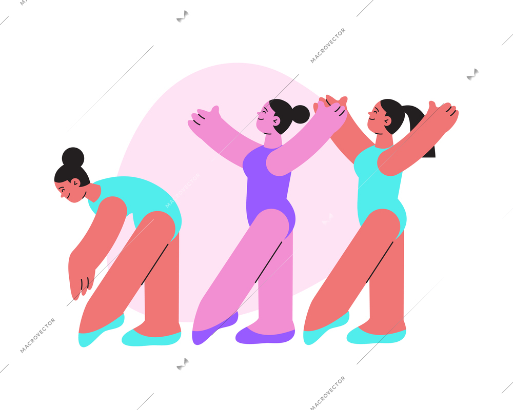 Dancing school flat composition with group of three dancing characters of girls vector illustration
