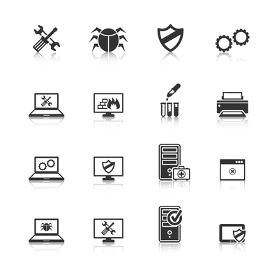 Computer repair and maintain internet security services black icons collection with antivirus shield abstract isolated vector illustration