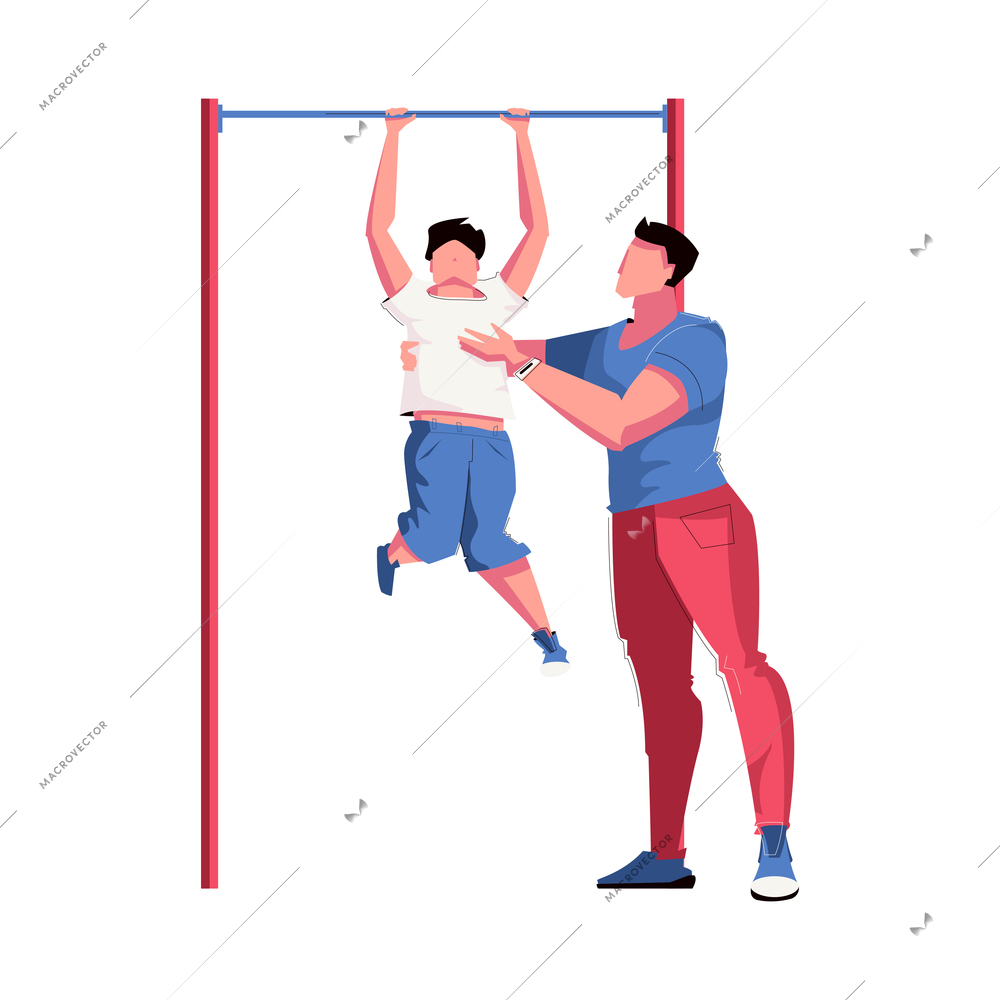 Dad flat composition with adult man helping his son to complete physical exercise pulling himself up vector illustration