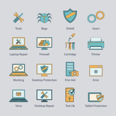 Computer repair and virus malware removal network protection service flat line icons collection abstract isolated vector illustration