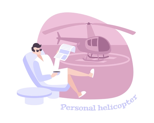 Rich flat composition with character of rich person with newspaper with private helicopter vector illustration