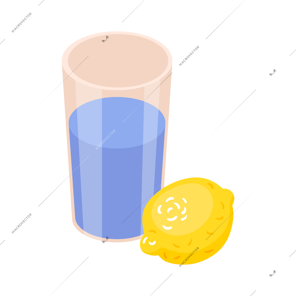 Isometric cold flu virus sick people composition with images of glass of water with whole lemon fruit vector illustration