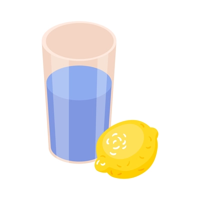 Isometric cold flu virus sick people composition with images of glass of water with whole lemon fruit vector illustration