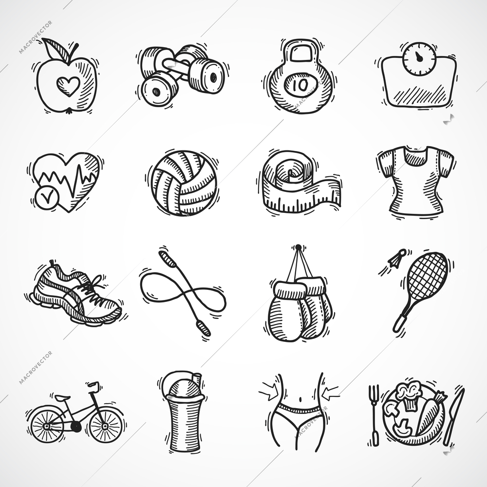 Fitness bodybuilding diet sport exercise sketch decorative icons set isolated vector illustration