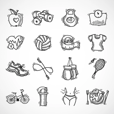 Fitness bodybuilding diet sport exercise sketch decorative icons set isolated vector illustration