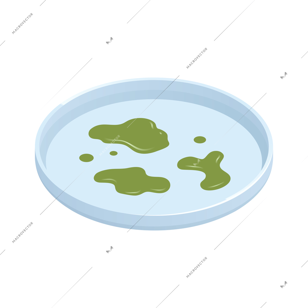 Microbiology biotechnology isometric composition with isolated image of glass dish with drops of toxic liquid vector illustration