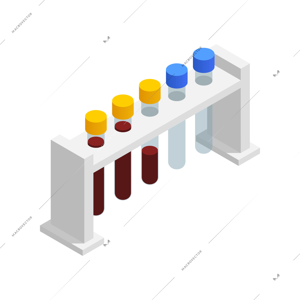 Microbiology biotechnology isometric composition with isolated image of five test tubes in holder vector illustration