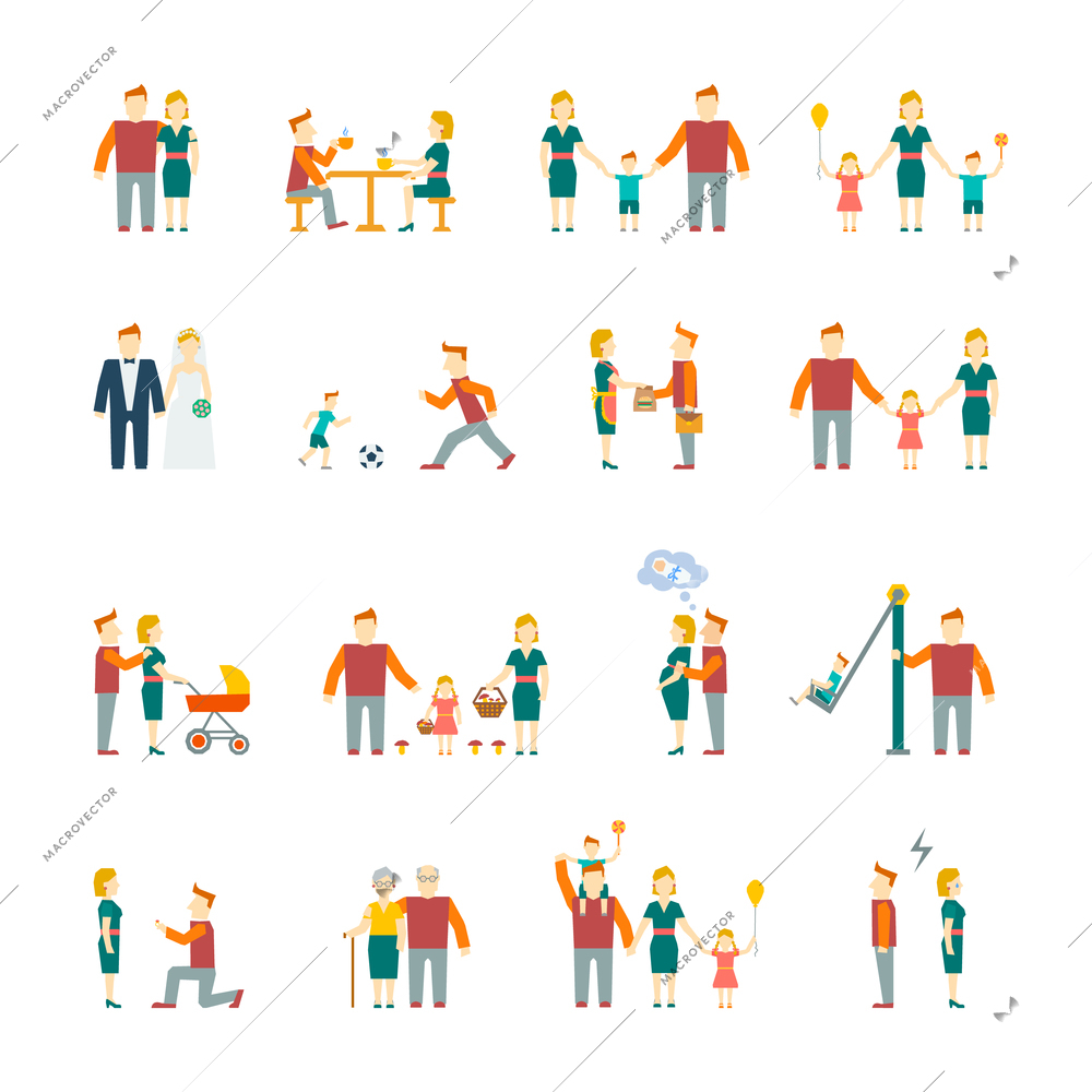 Family figures flat icons set of parents children married couple isolated vector illustration