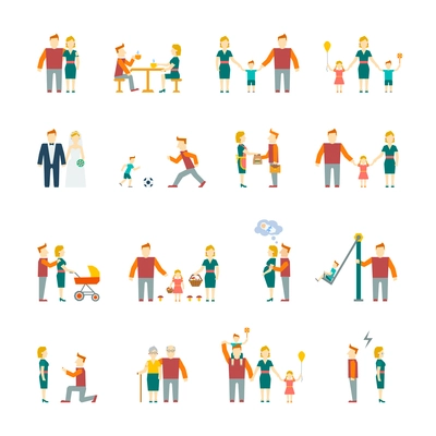 Family figures flat icons set of parents children married couple isolated vector illustration