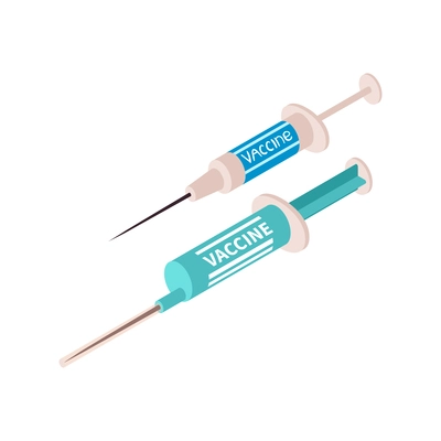 Isometric vaccination color composition with isolated images of two syringes with vaccine vector illustration