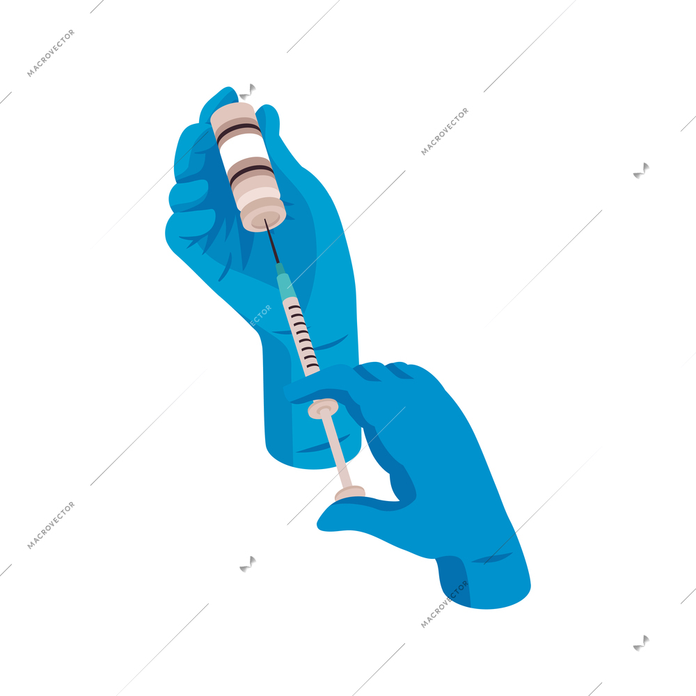 Isometric vaccination color composition with medical hands in gloves filling syringe with vaccine vector illustration