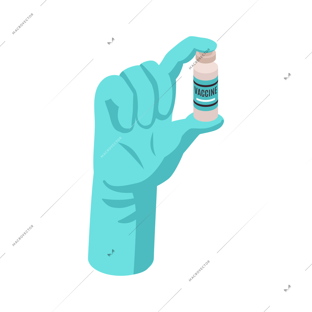 Isometric vaccination color composition with ampoule of vaccine held by hand in glove vector illustration