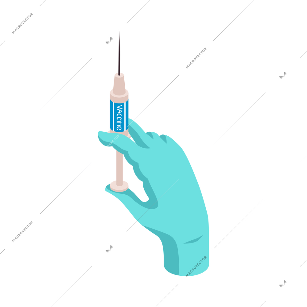 Isometric vaccination color composition with human hand in medical glove holding syringe vector illustration