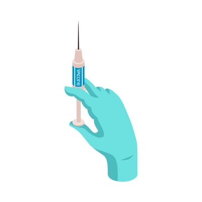 Isometric vaccination color composition with human hand in medical glove holding syringe vector illustration