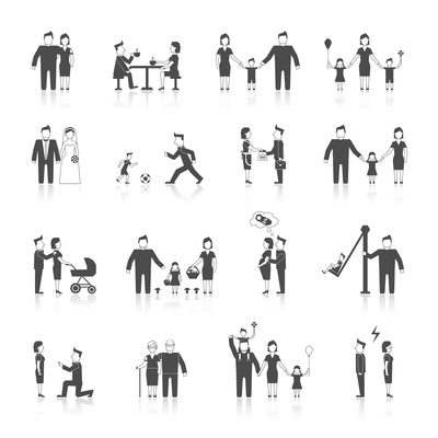 Family figures black icons set of men women dating wedding parenting isolated vector illustration