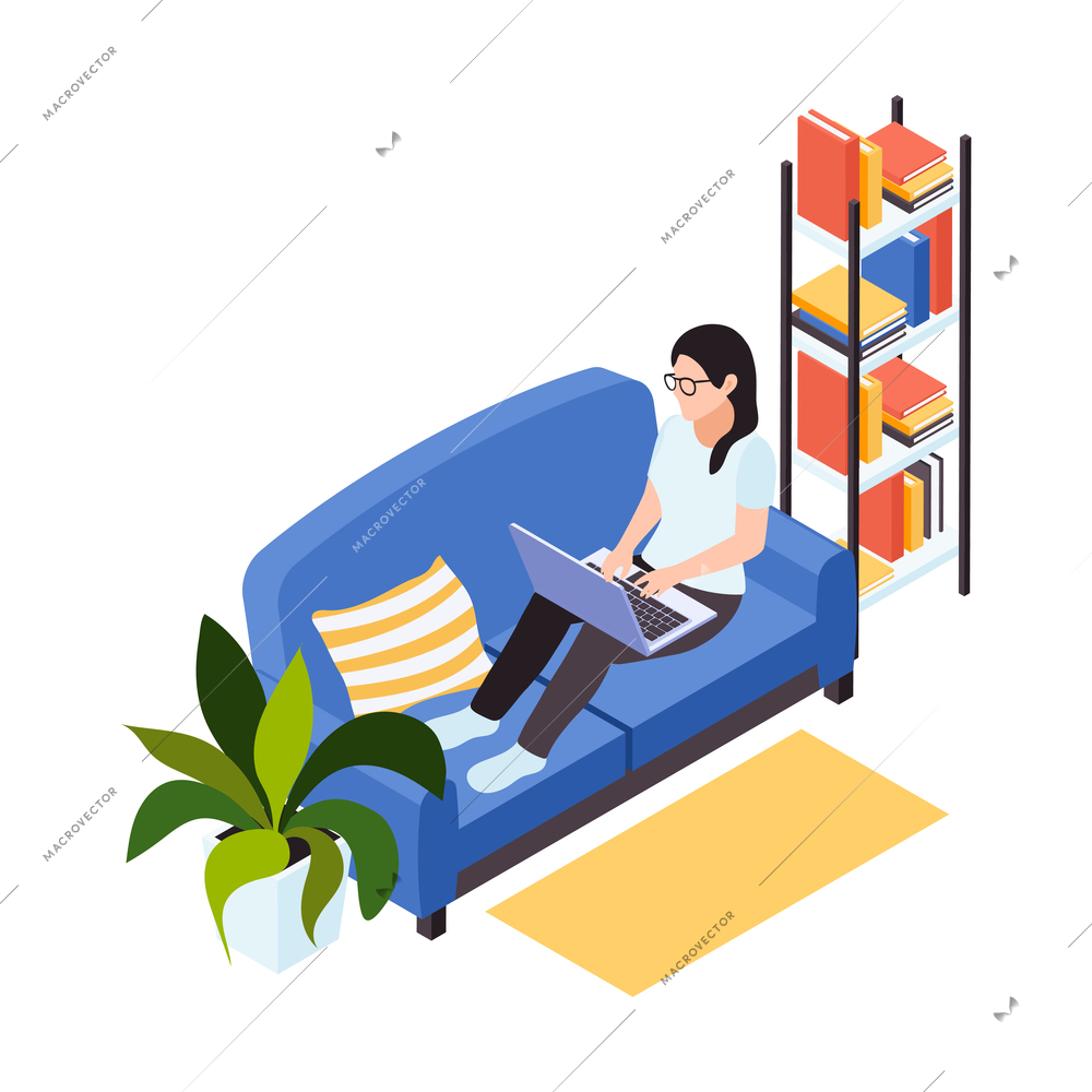 Remote distant work from home isometric composition with girl on sofa with laptop home plant and books on shelves vector illustration