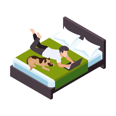 Remote distant work from home isometric composition with man lying on bed with dog and laptop vector illustration