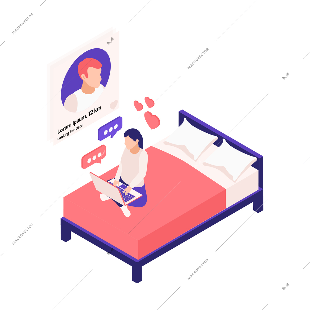 Virtual relationships online dating isometric composition with girl sitting on bed with laptop application vector illustration