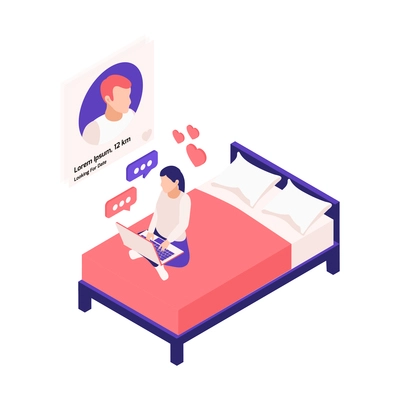 Virtual relationships online dating isometric composition with girl sitting on bed with laptop application vector illustration