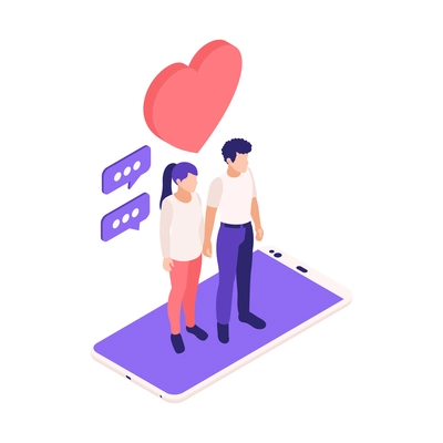 Virtual relationships online dating isometric composition with young couple standing on top of smartphone vector illustration