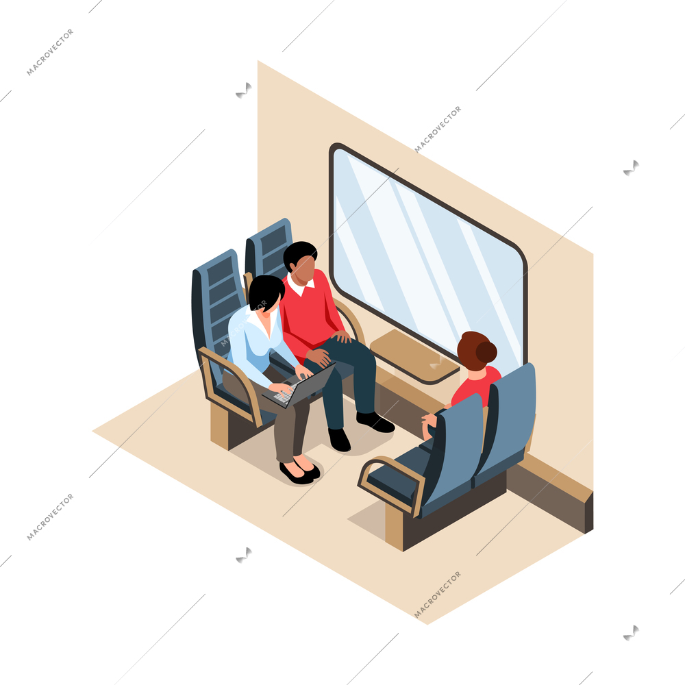 Isometric railway composition with view of train seats with passengers vector illustration