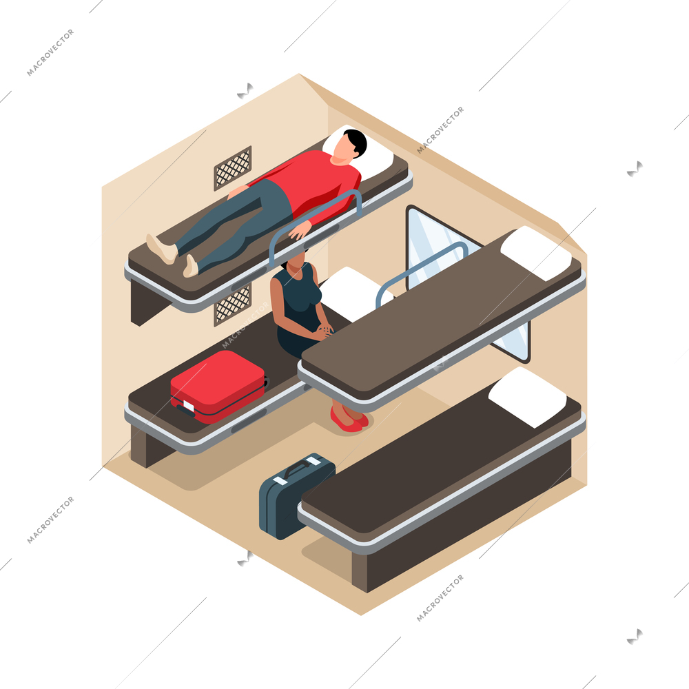 Isometric railway composition with view of section in long distance train carriage with sleeping seats and passengers vector illustration