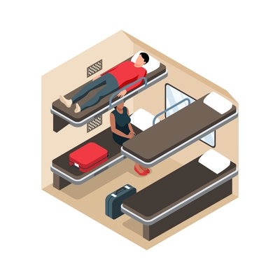 Isometric railway composition with view of section in long distance train carriage with sleeping seats and passengers vector illustration
