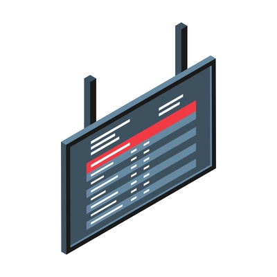 Isometric railway composition with isolated image of electronic table with train information vector illustration