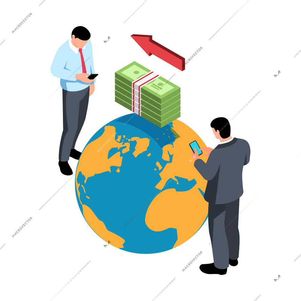 Isometric bank composition with icon of world globe and people transferring money to each other vector illustration