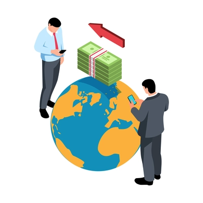 Isometric bank composition with icon of world globe and people transferring money to each other vector illustration