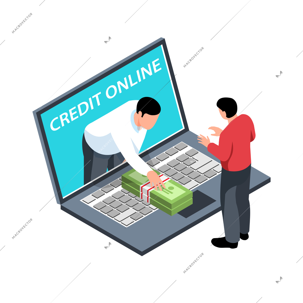 Isometric bank composition with client in front of laptop with banker giving money vector illustration