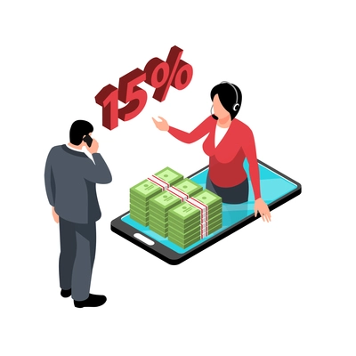 Isometric bank composition with character of banker in smartphone with cash and calling client vector illustration