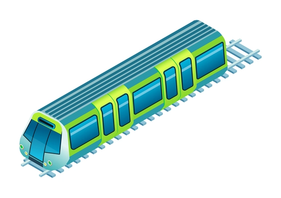 Isometric electric transport ecology friendly vehicle composition with image of metro train on rails vector illustration