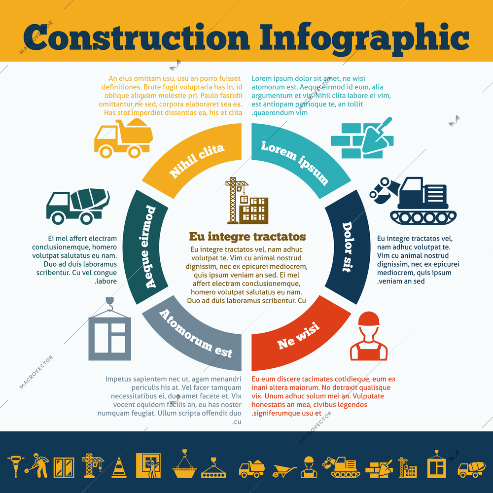 Building construction mason work team management presentation infographic circle chart with truck crane equipment symbols vector illustration