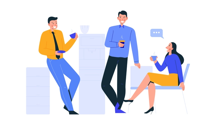 Office scenes composition with group of chatting coworkers drinking coffee vector illustration