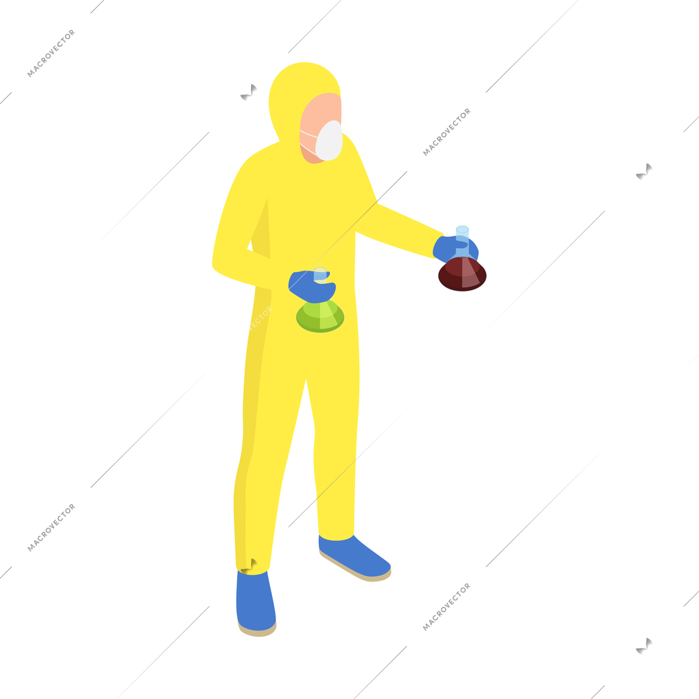 Microbiology biotechnology isometric composition with human character in chemical suit holding two lab flasks vector illustration