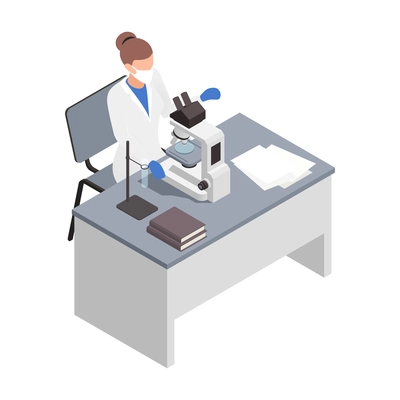 Microbiology biotechnology isometric composition with female character of doctor performing research with microscope vector illustration