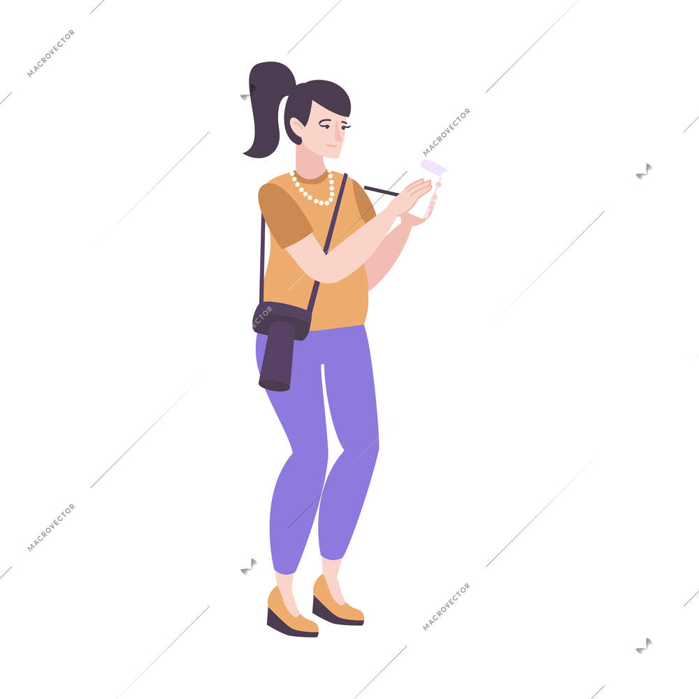 Photoschool flat composition with female student of photography school making notes in portable notebook vector illustration