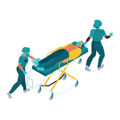 Isometric infectious disease doctor scientist virologist composition with pair of medical specialists carrying crash cart vector illustration