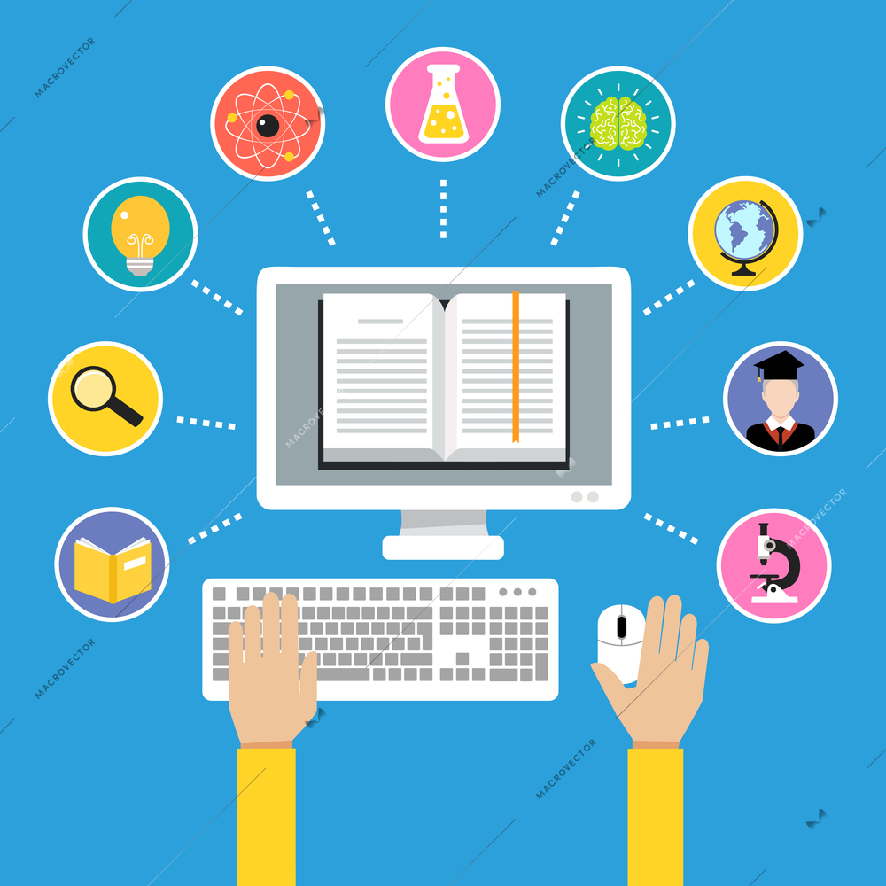 Online education e-learning science concept with human hand and computer book vector illustration