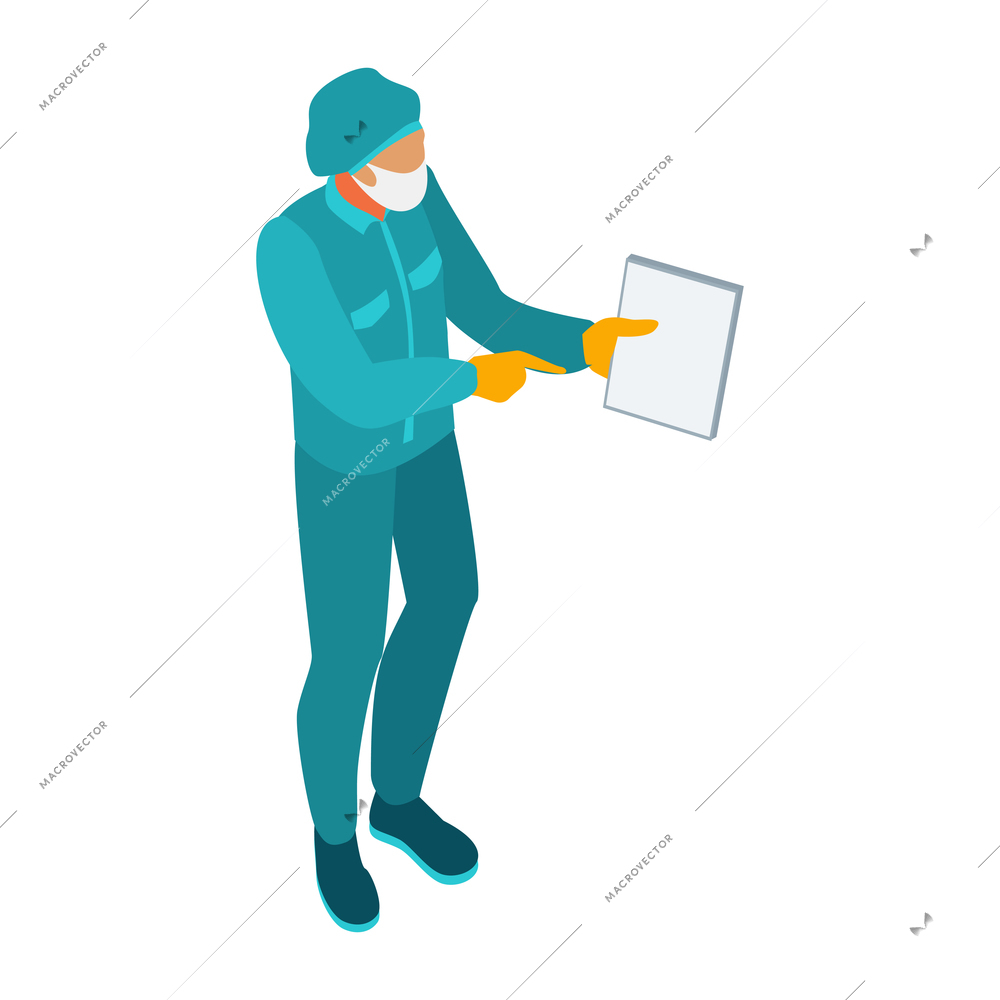 Isometric infectious disease doctor scientist virologist composition with medical specialist in protective mask vector illustration