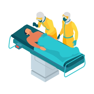 Isometric infectious disease doctor scientist virologist composition with two medics in chemical suits watching sick patient vector illustration