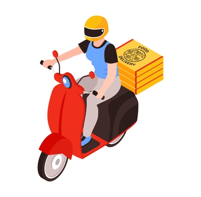 Isometric delivery food composition with female character of courier riding scooter vector illustration