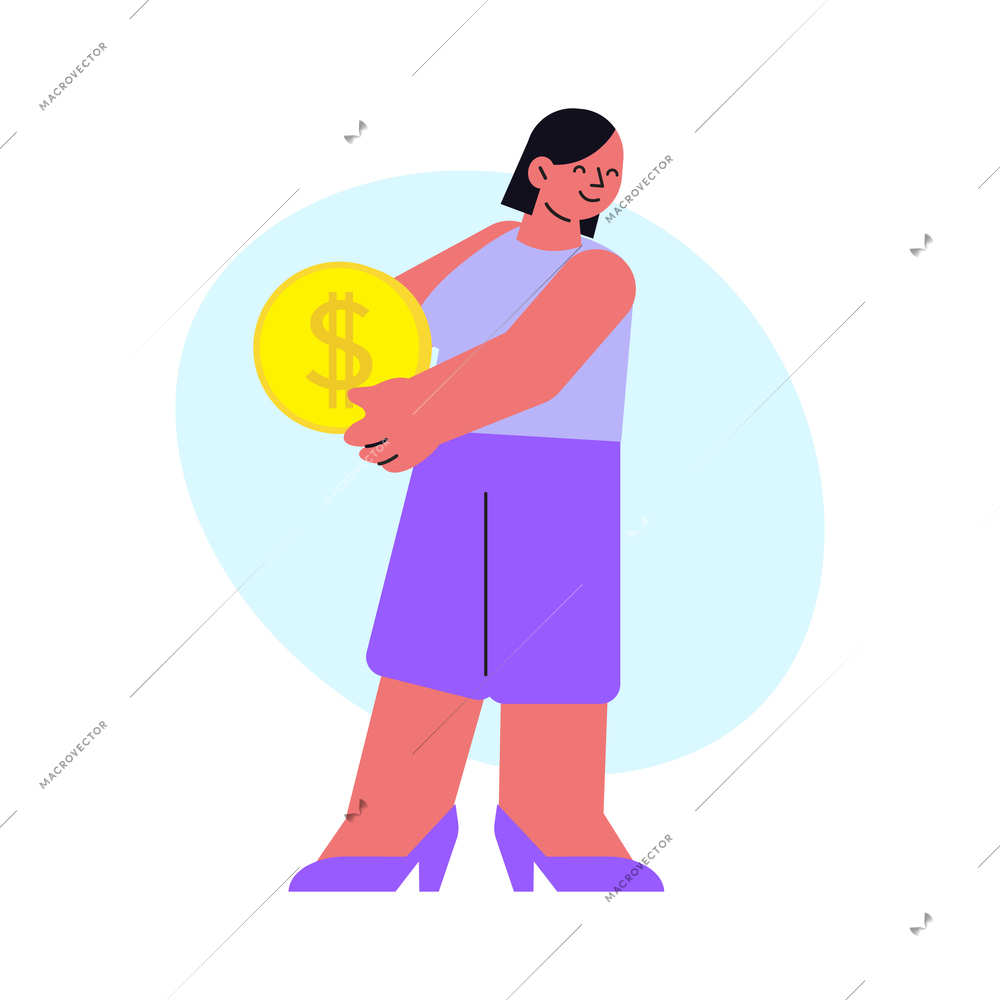 Online shopping flat composition with female character holding coin with dollar sign vector illustration