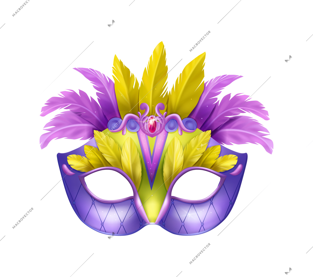 Realistic carvinal mask composition with isolated image of masquerade mask with purple and yellow feathers vector illustration