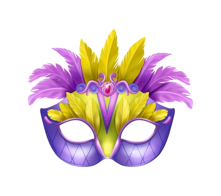 Realistic carvinal mask composition with isolated image of masquerade mask with purple and yellow feathers vector illustration