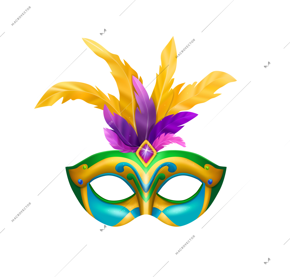 Realistic carvinal mask composition with isolated image of masquerade mask with bright colors and feathers vector illustration