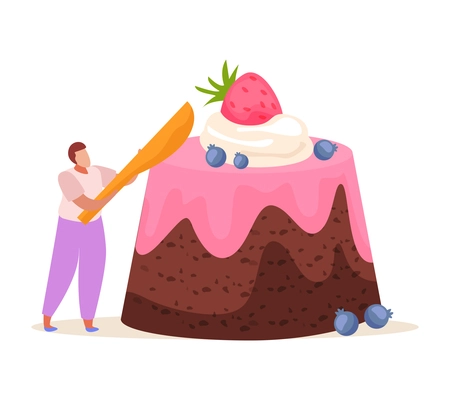 Sweets and people flat composition with male character with knife and cake with berries vector illustration