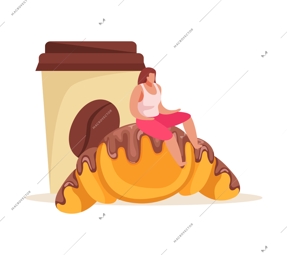 Sweets and people flat composition with female character and cup of coffee with croissant vector illustration