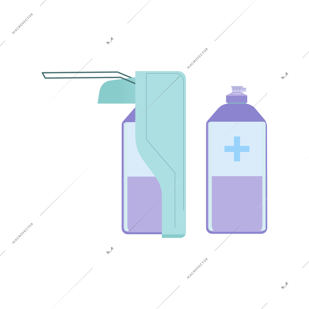 Hand hygiene flat composition with isolated images of disinfecting gel dispenser and bottle vector illustration